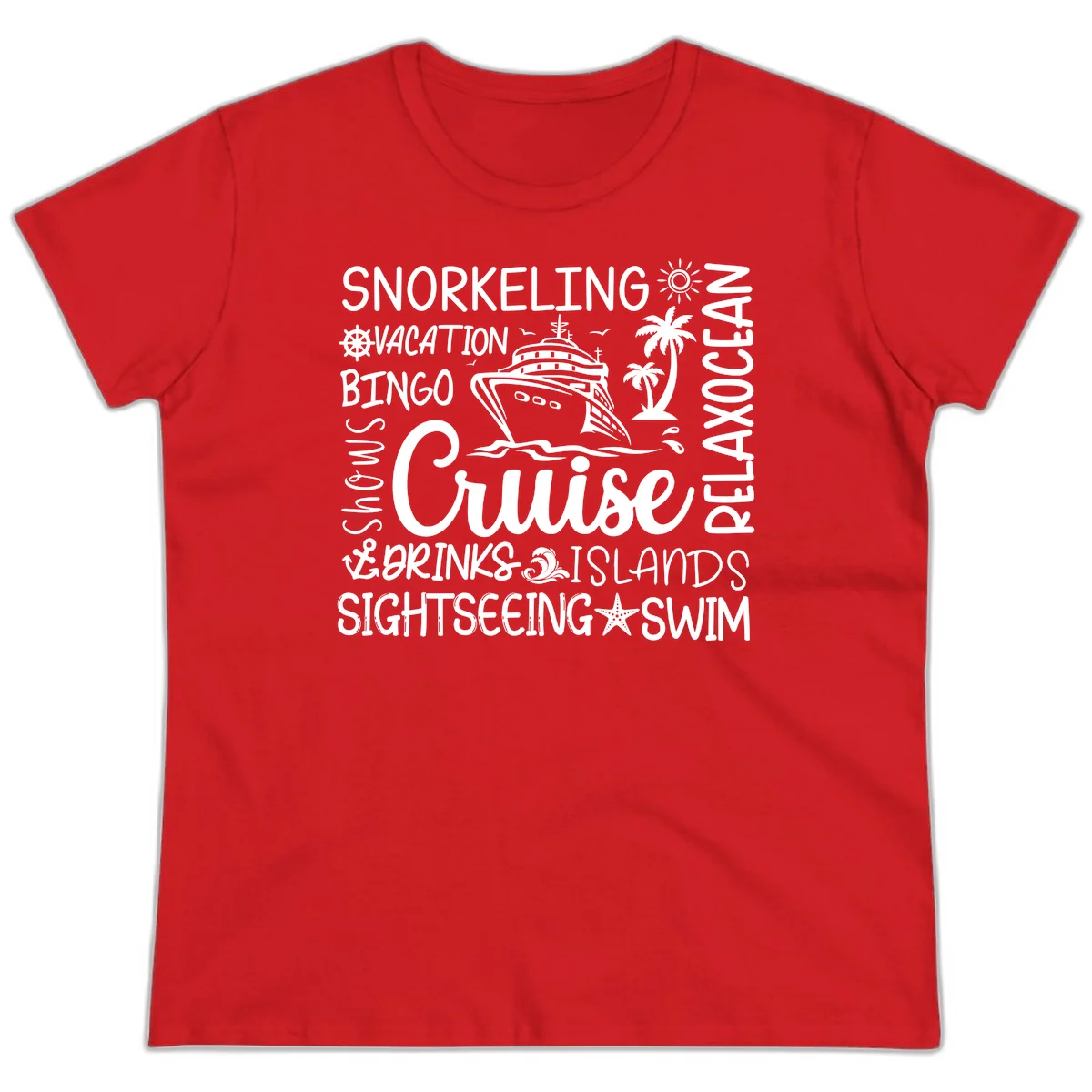 Cruise Word Cloud Vacation Ladies Tee in Red