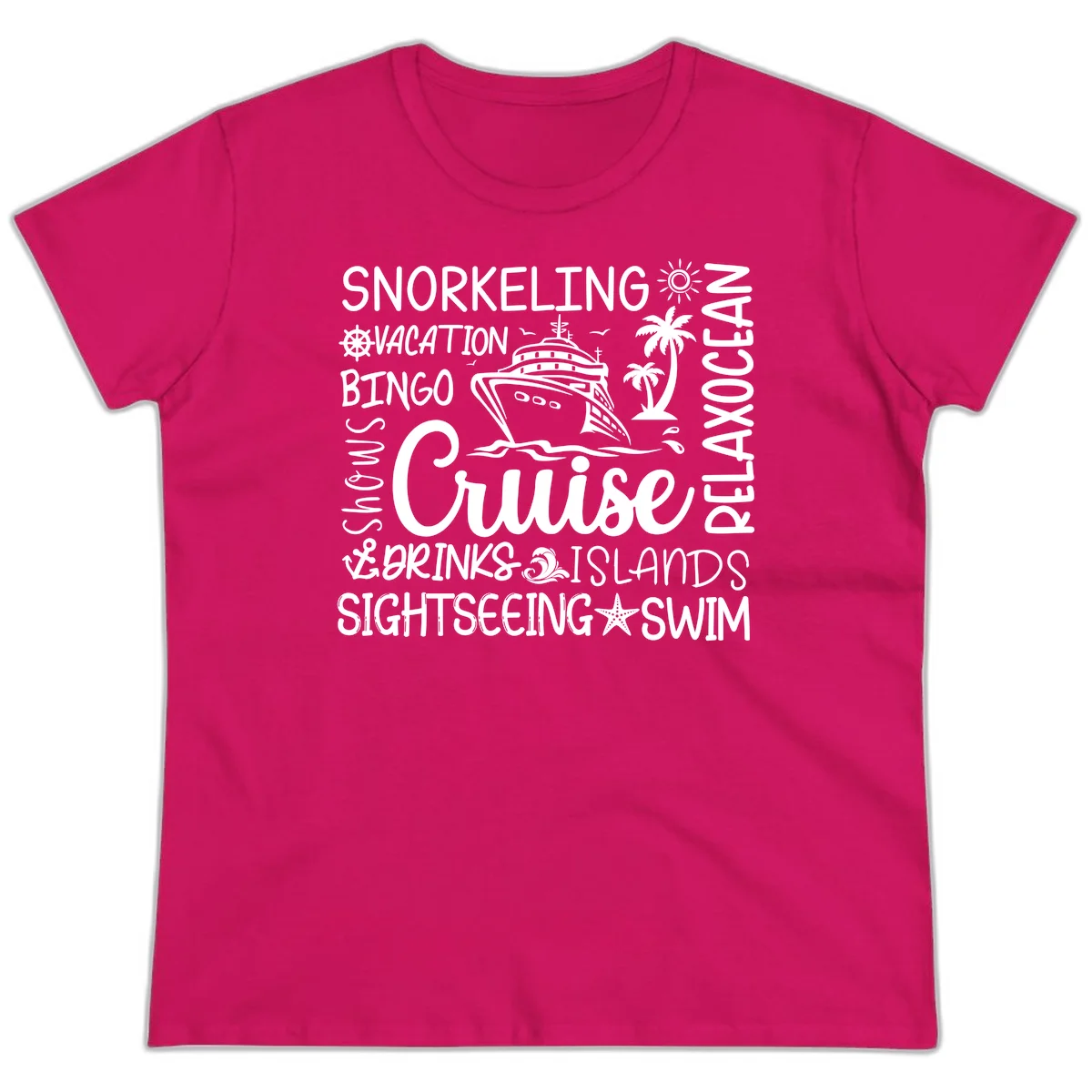 Cruise Word Cloud Vacation Ladies Tee in Heliconia