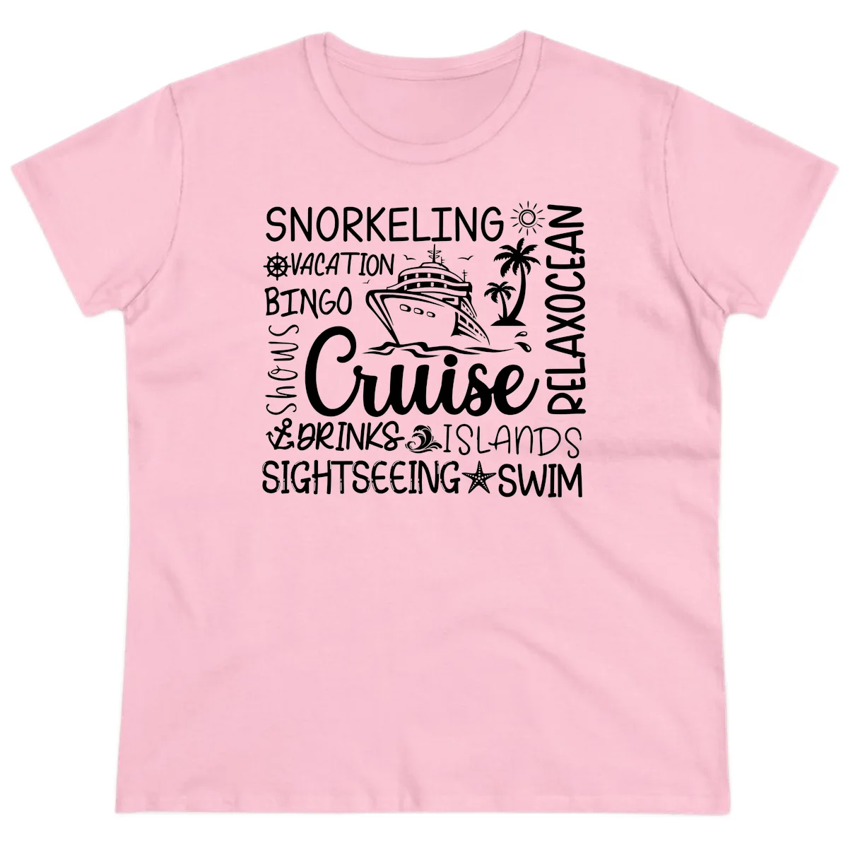 Cruise Word Cloud Vacation Ladies Tee in Light Pink