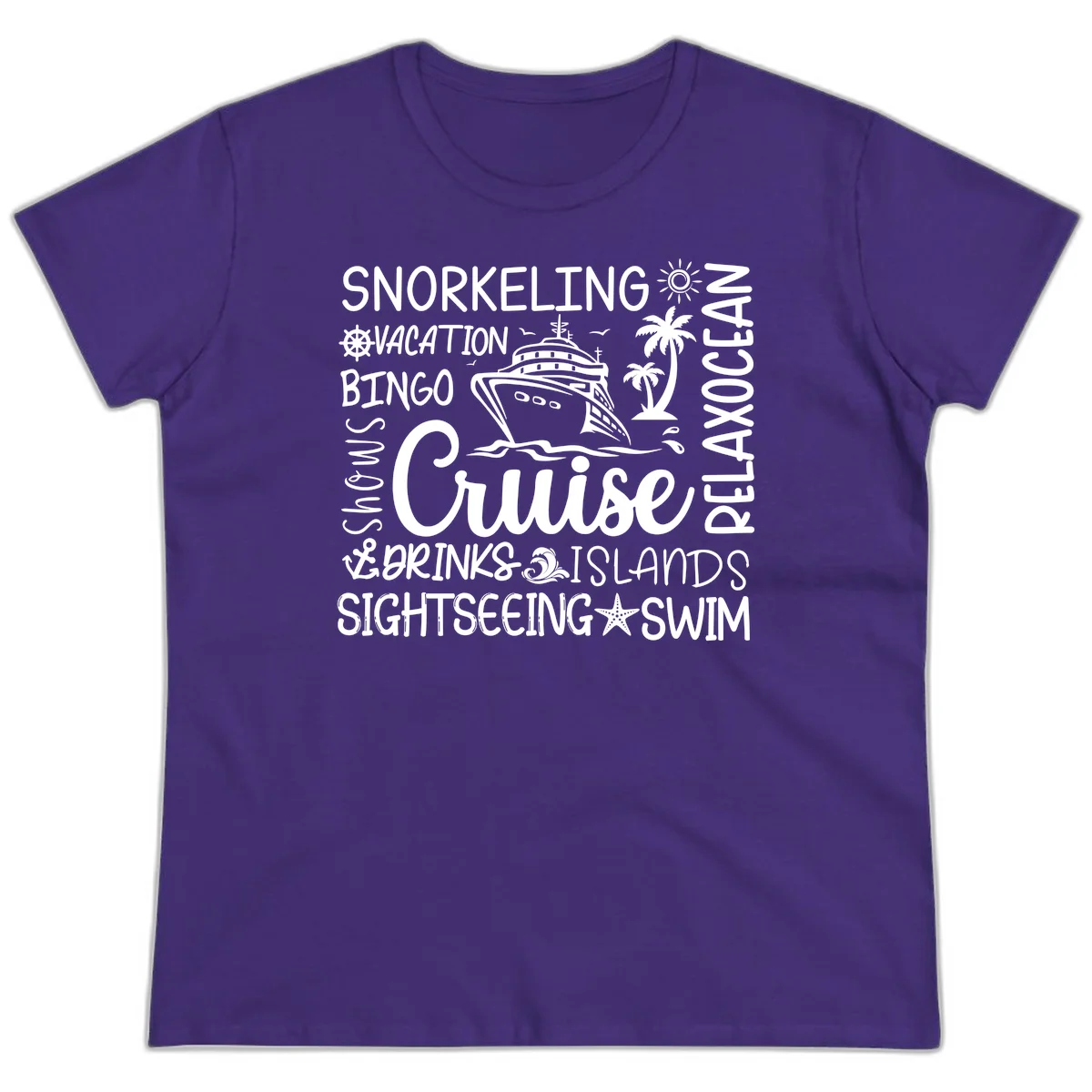Cruise Word Cloud Vacation Ladies Tee in Purple
