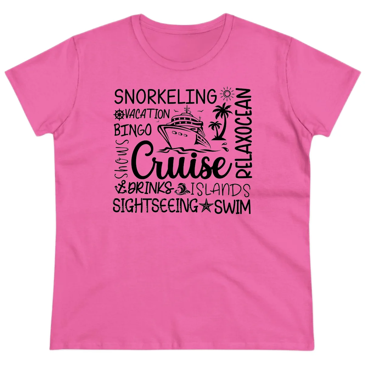 Cruise Word Cloud Vacation Ladies Tee in Azalea