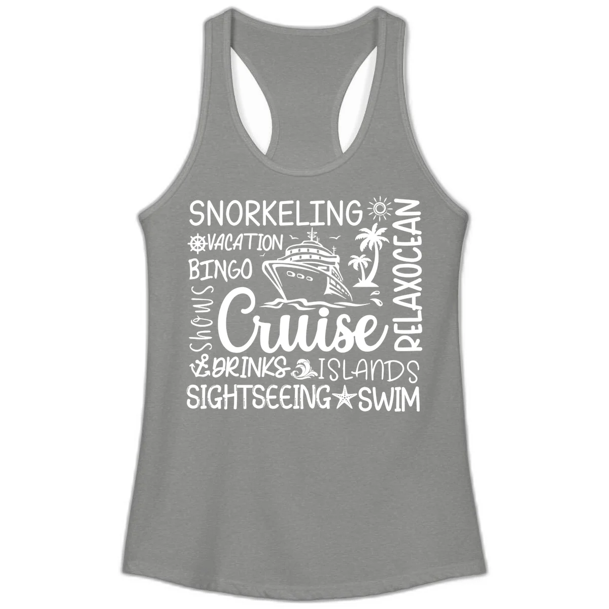 Cruise Word Cloud Vacation Ladies Tank in Heather Grey