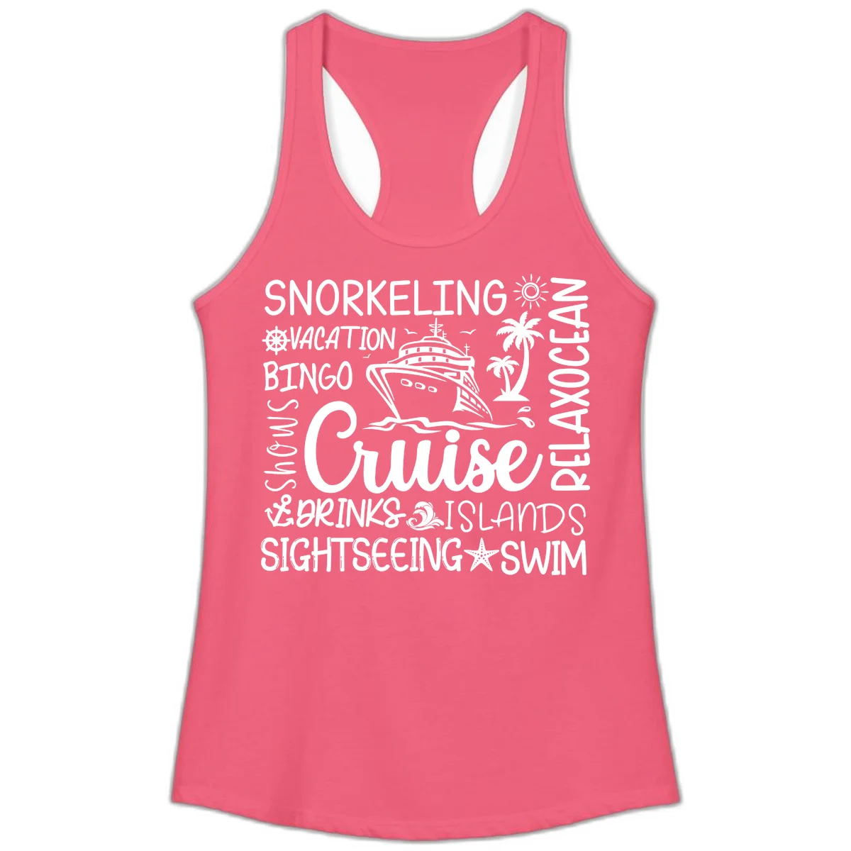 Cruise Word Cloud Vacation Ladies Tank in Hot Pink