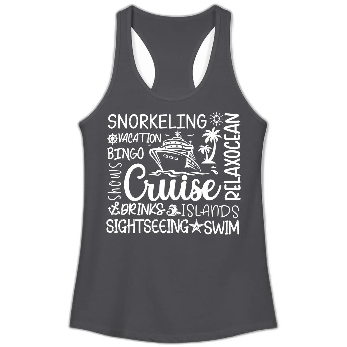 Cruise Word Cloud Vacation Ladies Tank in Solid Dark Gray
