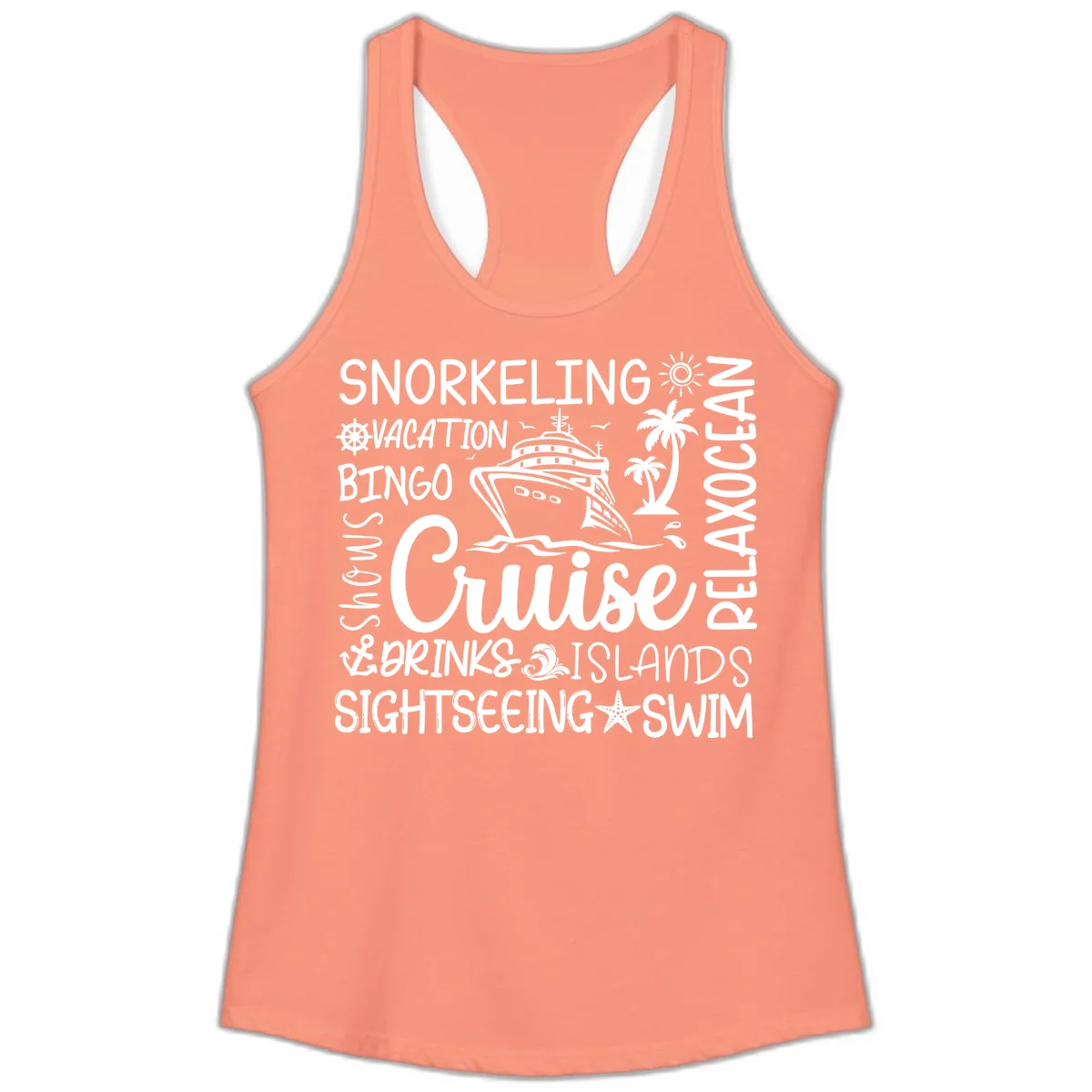 Cruise Word Cloud Vacation Ladies Tank in Solid Light Orange