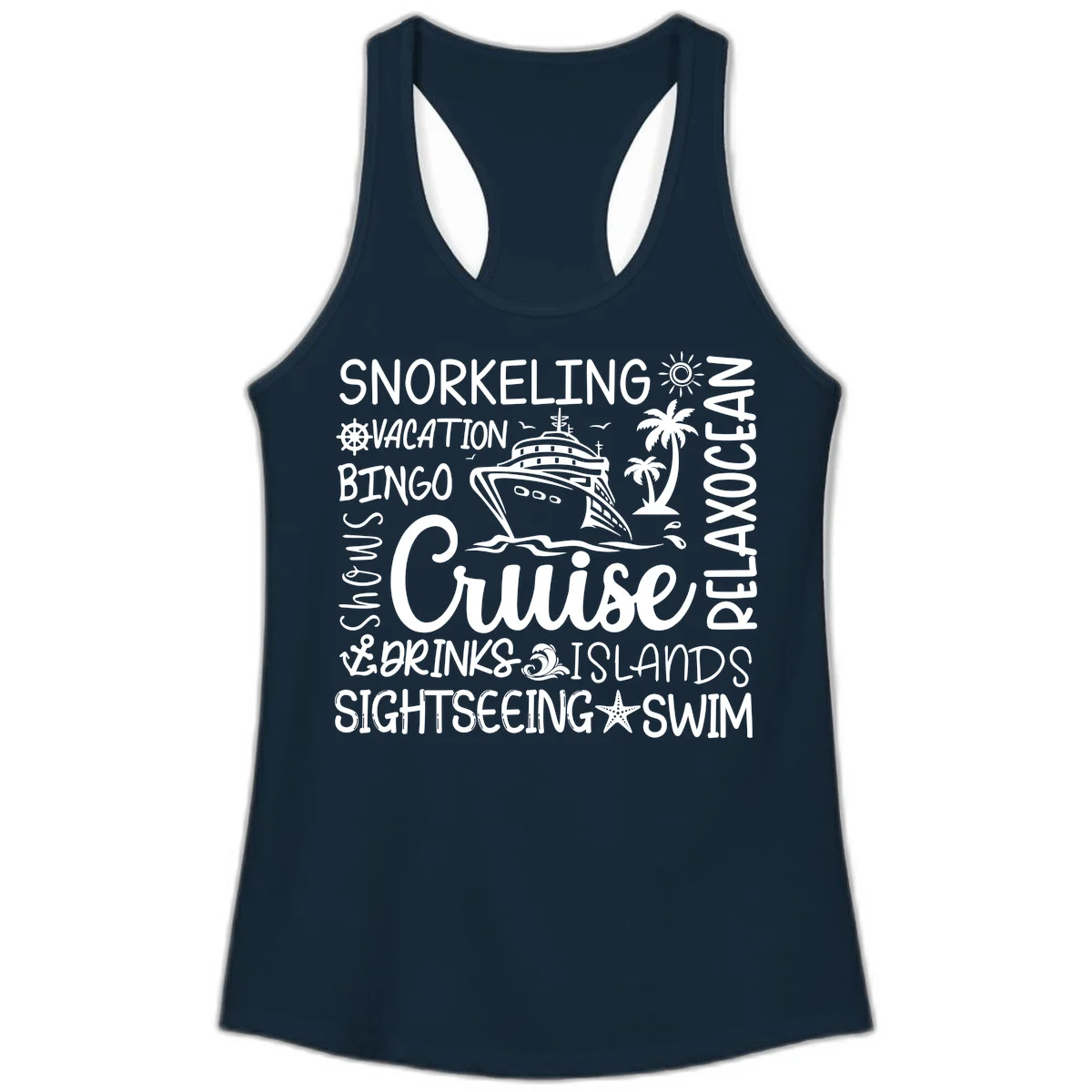 Cruise Word Cloud Vacation Ladies Tank in Solid Midnight Navy