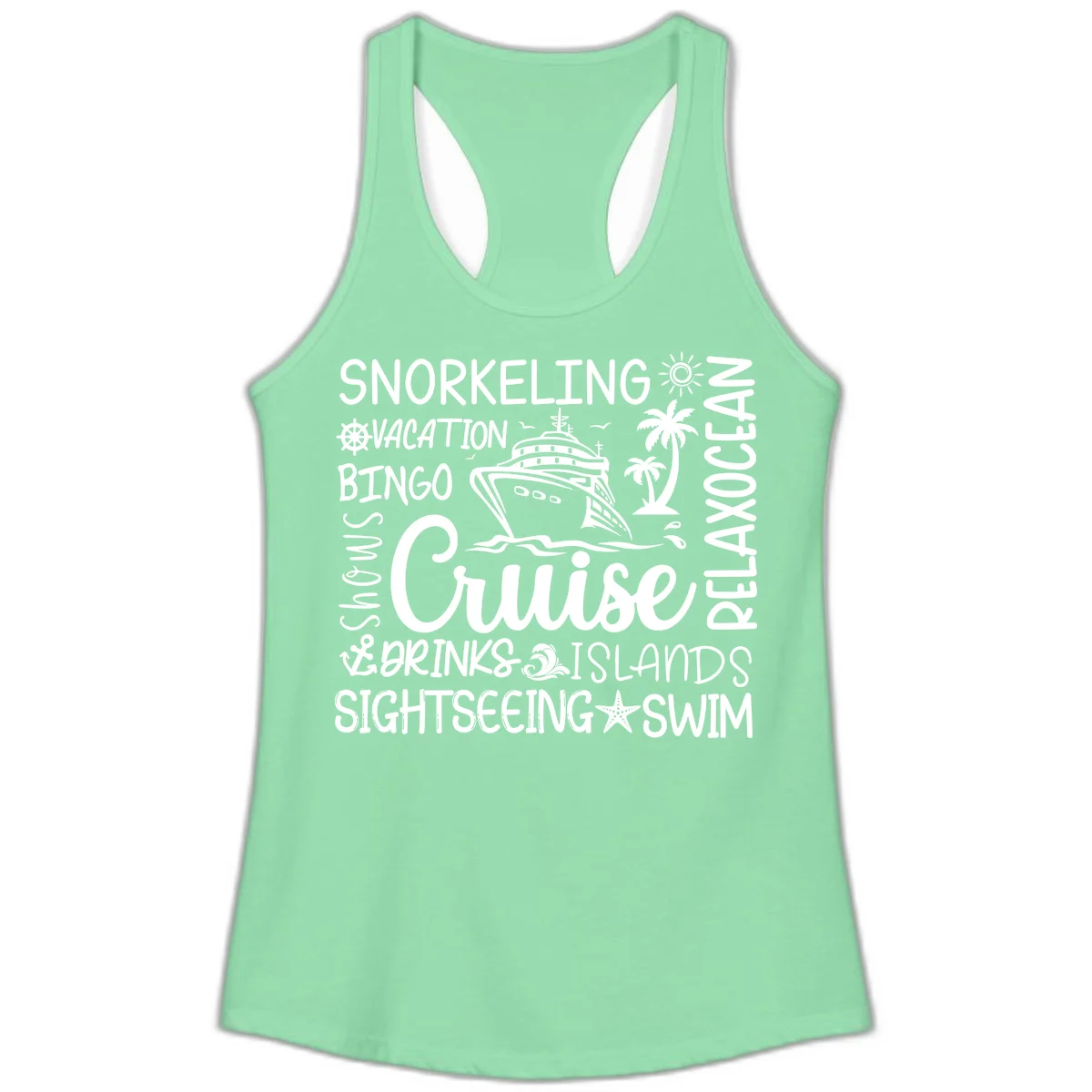 Cruise Word Cloud Vacation Ladies Tank in Solid Mint