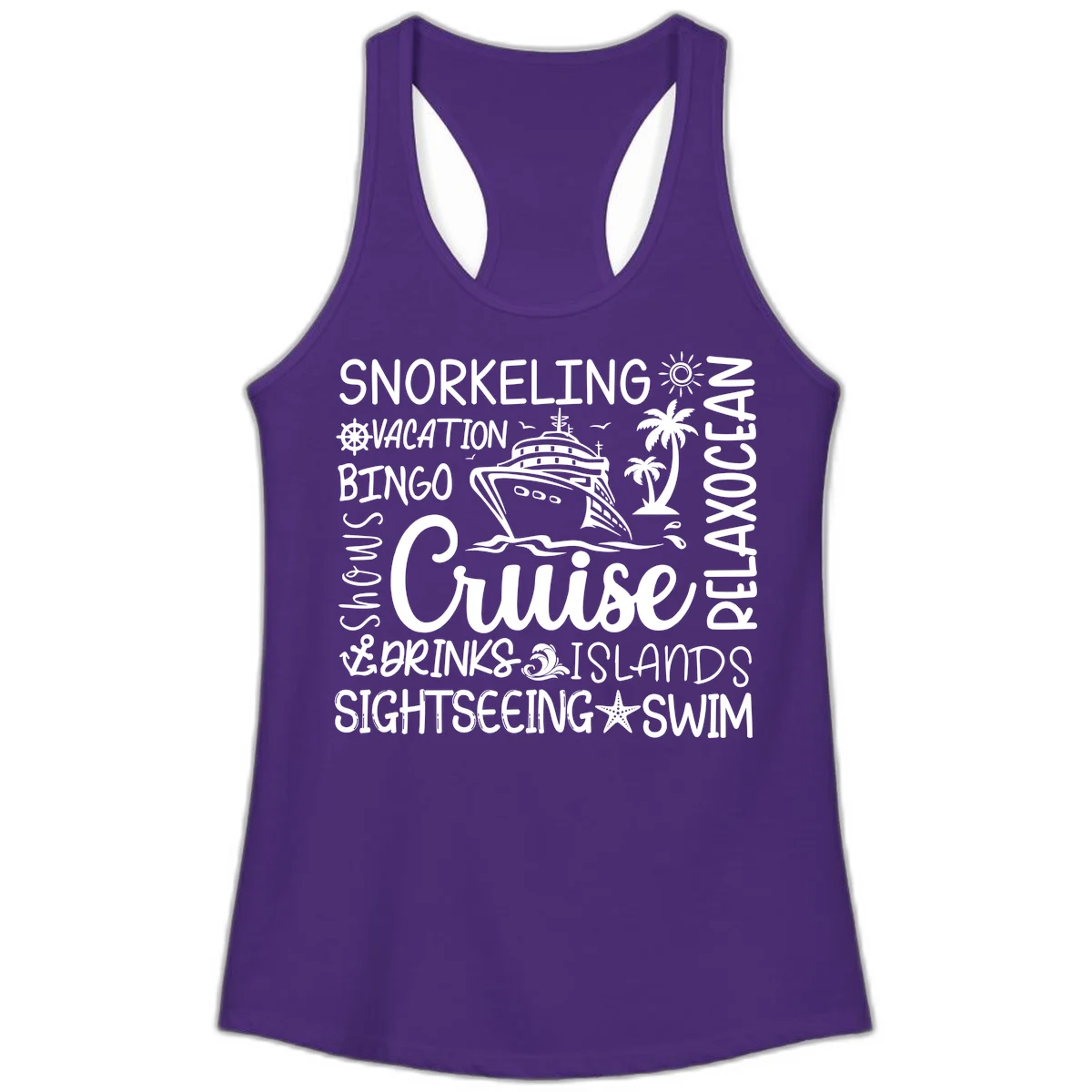 Cruise Word Cloud Vacation Ladies Tank in Solid Purple Rush