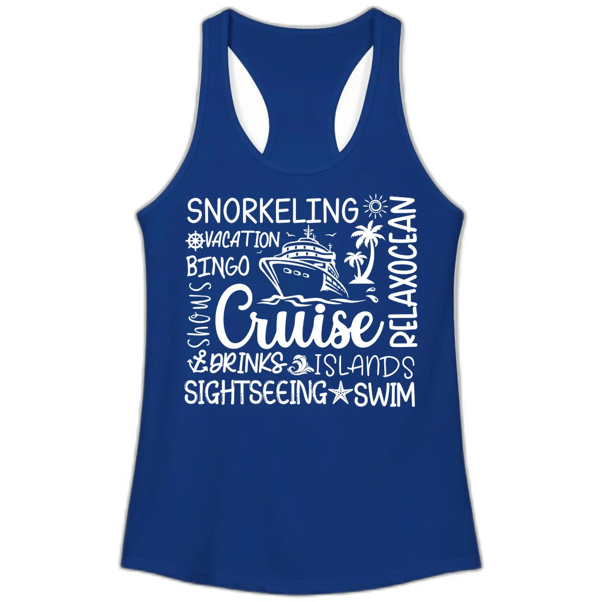 Cruise Word Cloud Vacation Ladies Tank in Solid Royal