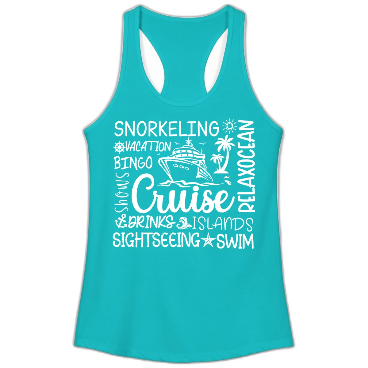 Cruise Word Cloud Vacation Ladies Tank in Tahiti Blue