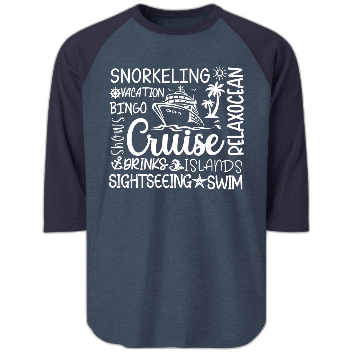 Cruise Word Cloud Vacation Raglan 3/4 in Heather Denim Navy