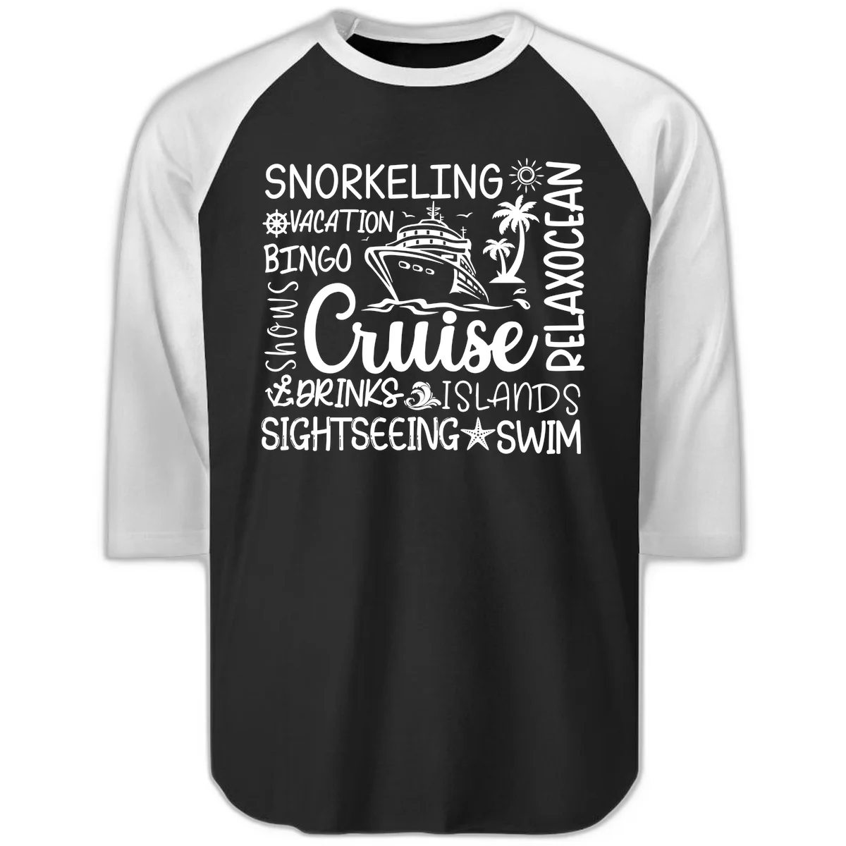 Cruise Word Cloud Vacation Raglan 3/4 in Black White