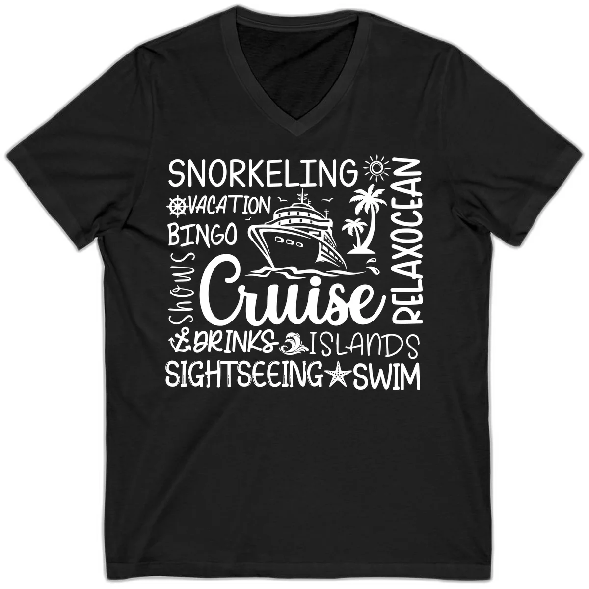 Cruise Word Cloud Vacation V-Neck in Black