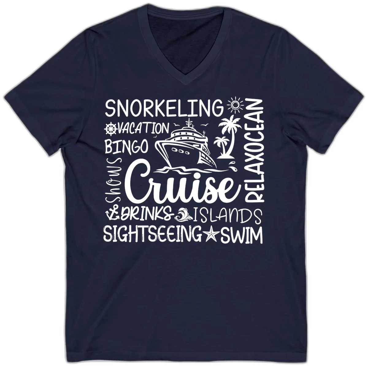 Cruise Word Cloud Vacation V-Neck in Navy