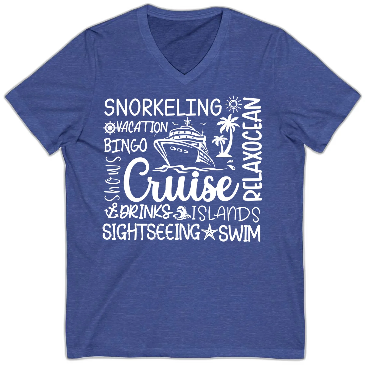 Cruise Word Cloud Vacation V-Neck in Heather True Royal