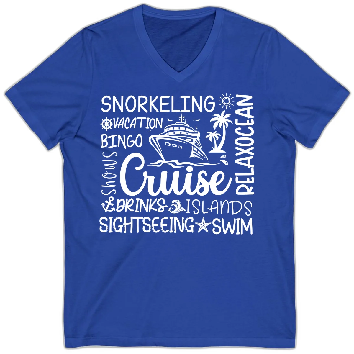 Cruise Word Cloud Vacation V-Neck in True Royal