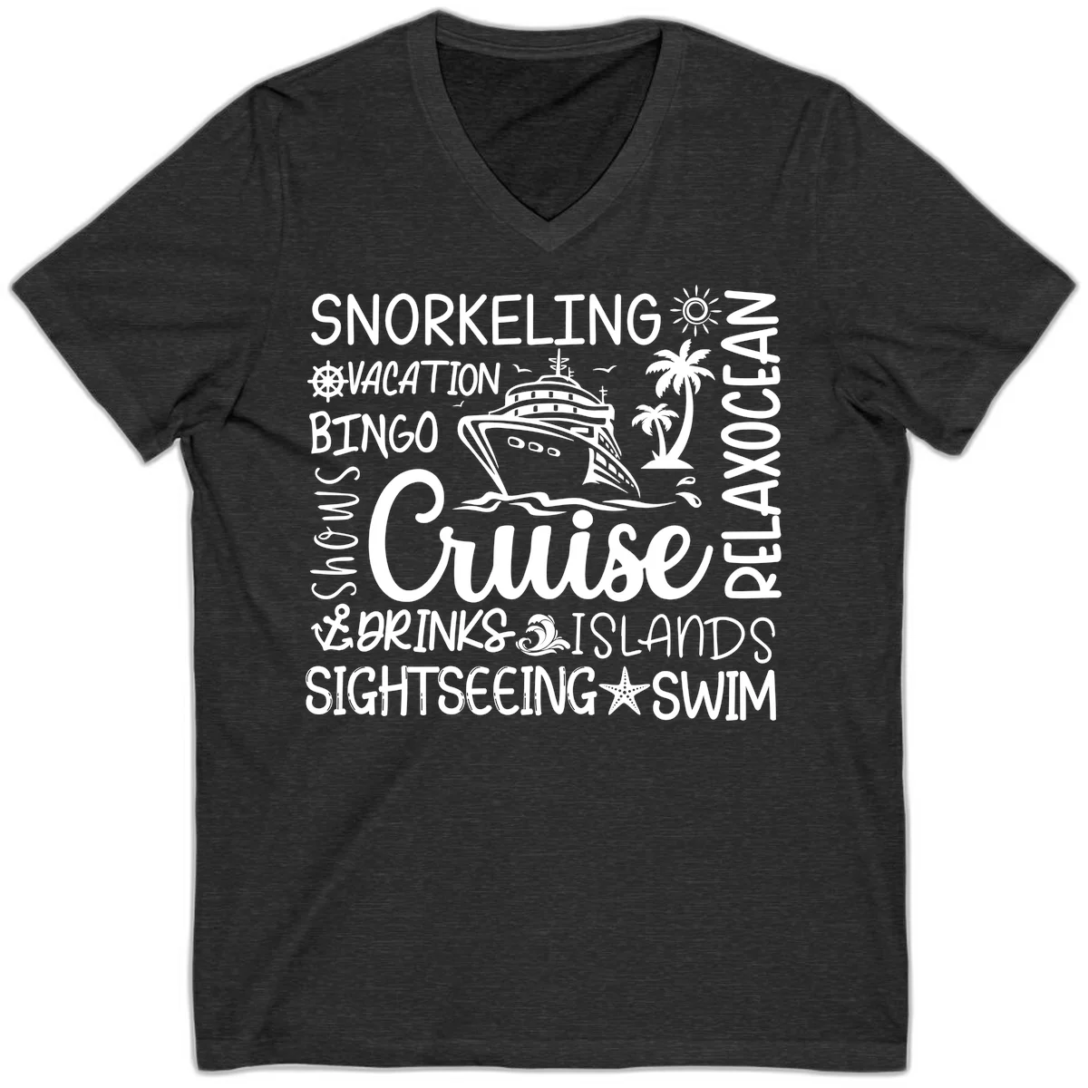 Cruise Word Cloud Vacation V-Neck in Dark Grey Heather