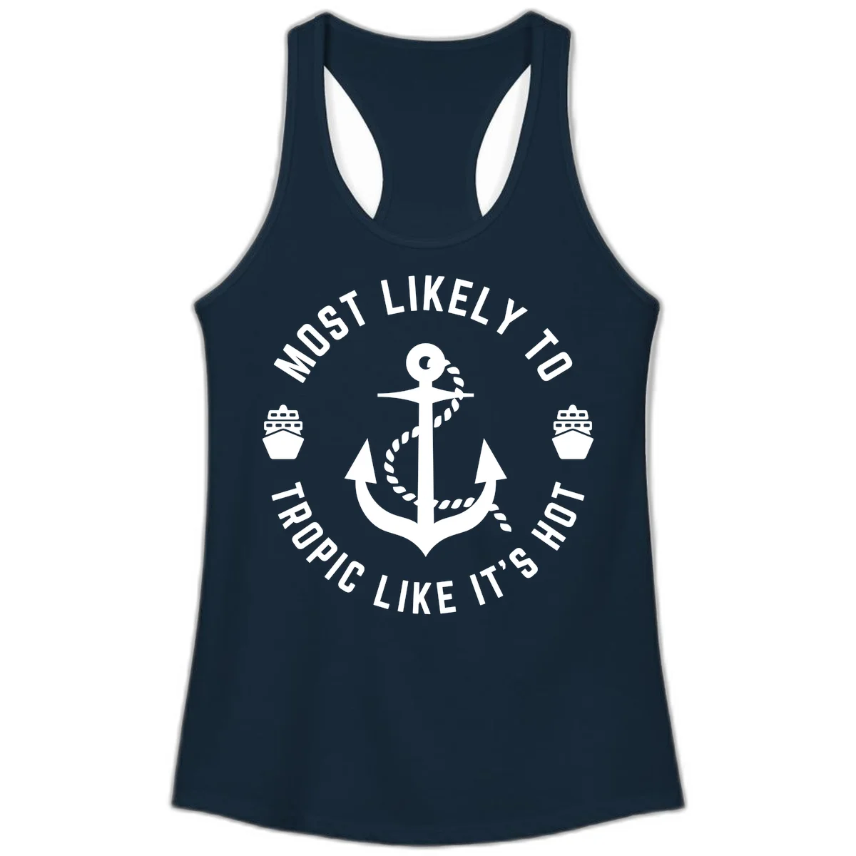 Most Likely To Tropical Like It's Hot Ladies Tank Top in Solid Midnight Navy