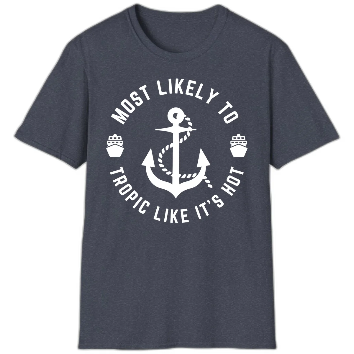 Most Likely To Tropical Like It's Hot T-Shirt in Heather Navy