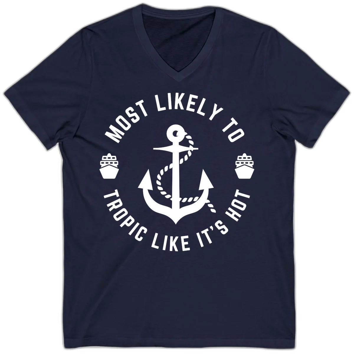 Most Likely To Tropical Like It's Hot V-Neck T-Shirt in Navy