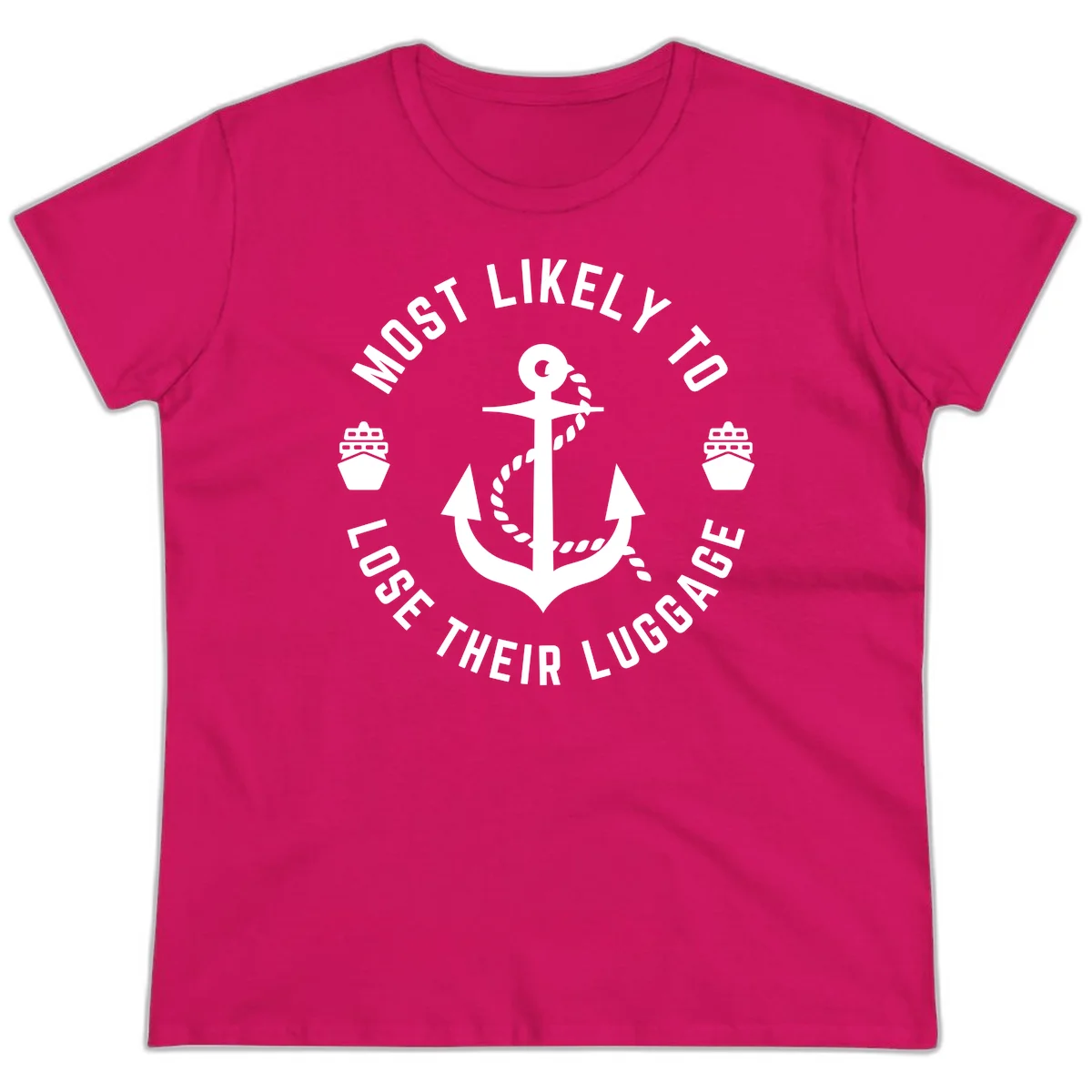 Most Likely To Lose Their Luggage Ladies Tee in Heliconia