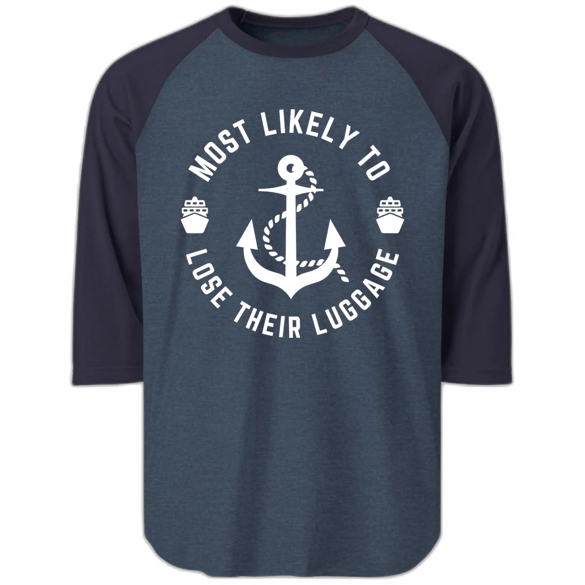 Most Likely To Lose Their Luggage Raglan 3/4 Tee in Heather Denim Navy