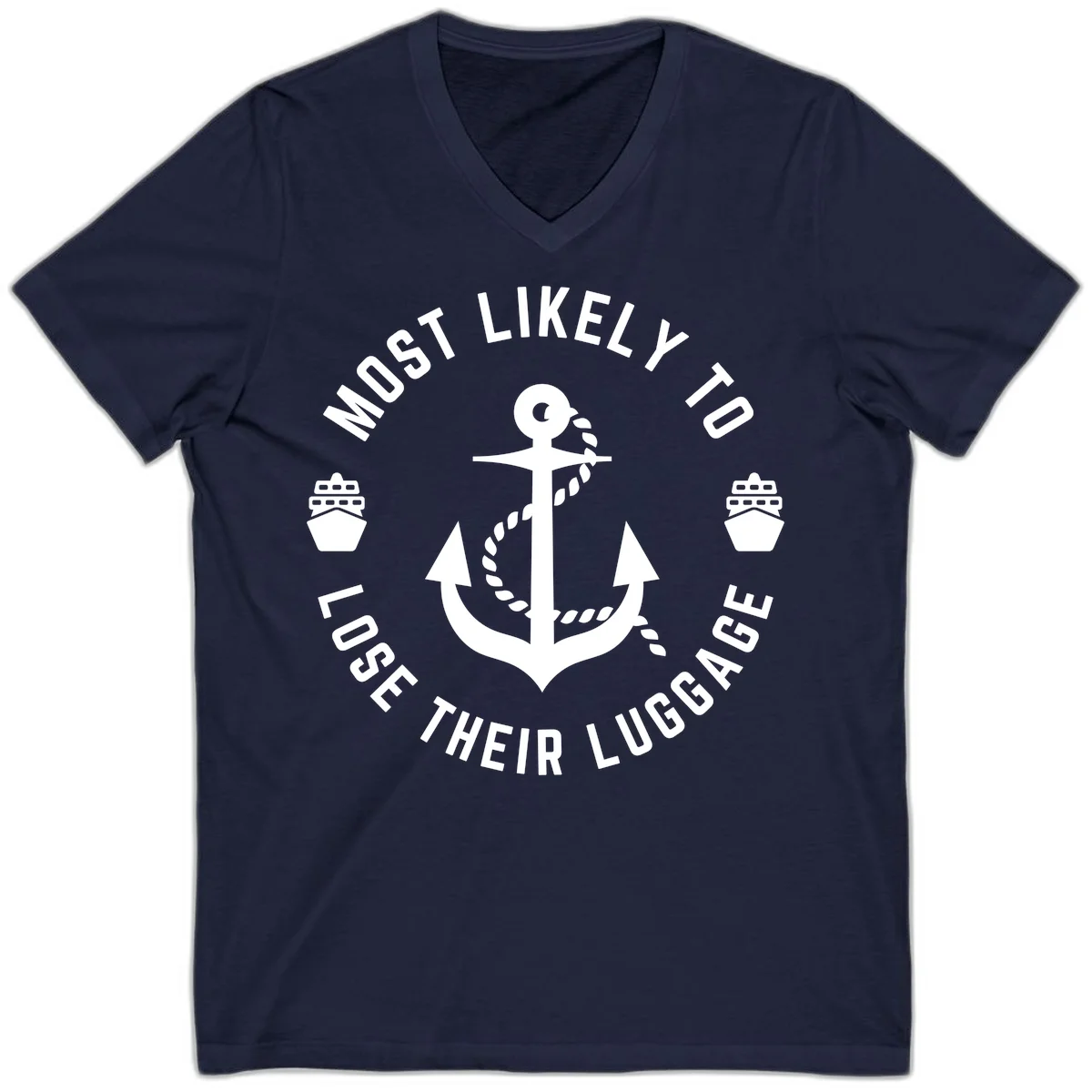 Most Likely To Lose Their Luggage V-Neck Tee in Navy