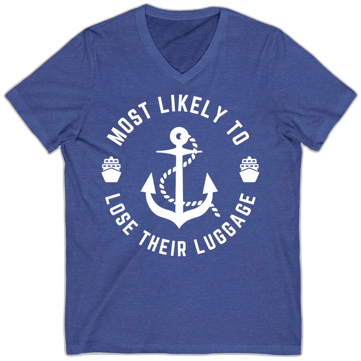 Most Likely To Lose Their Luggage V-Neck Tee in Heather True Royal