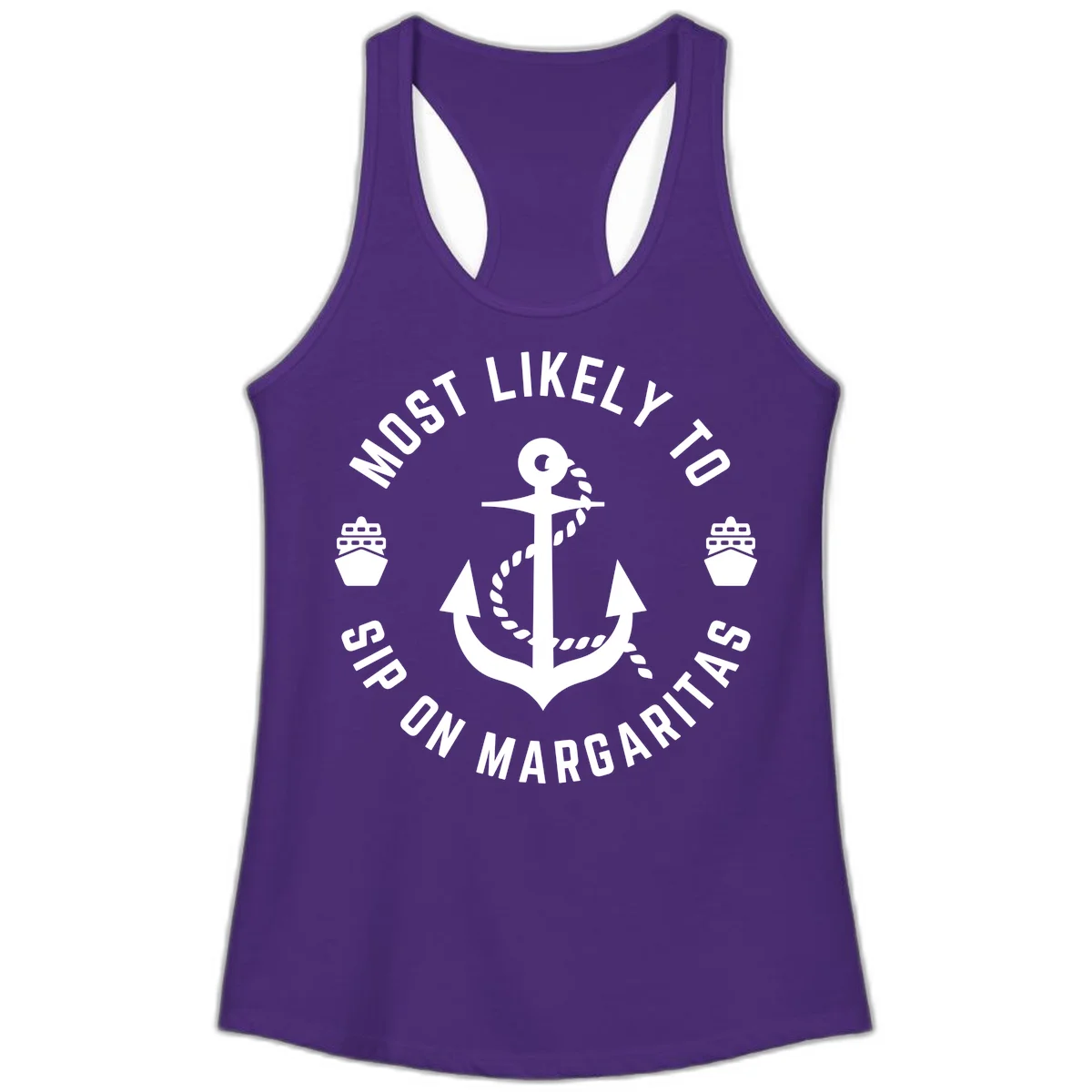 Most Likely To Ship On Margaritas Ladies Tank in Solid Purple Rush