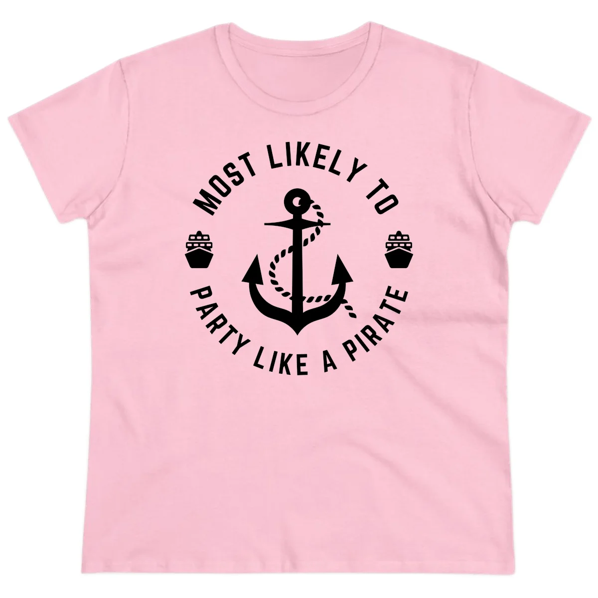 Most Likely To Party Like A Pirate Ladies Tee in Light Pink