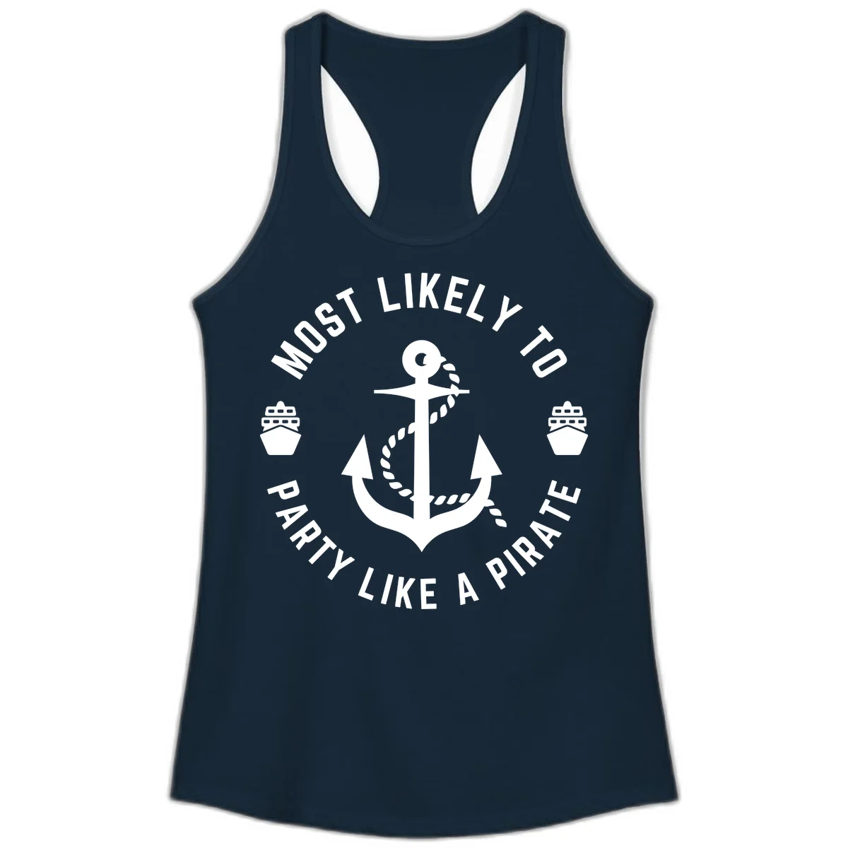 Most Likely To Party Like A Pirate Ladies Tank in Solid Midnight Navy
