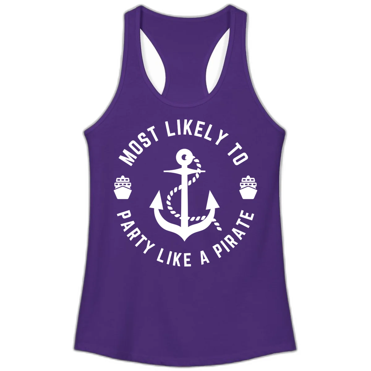 Most Likely To Party Like A Pirate Ladies Tank in Solid Purple Rush
