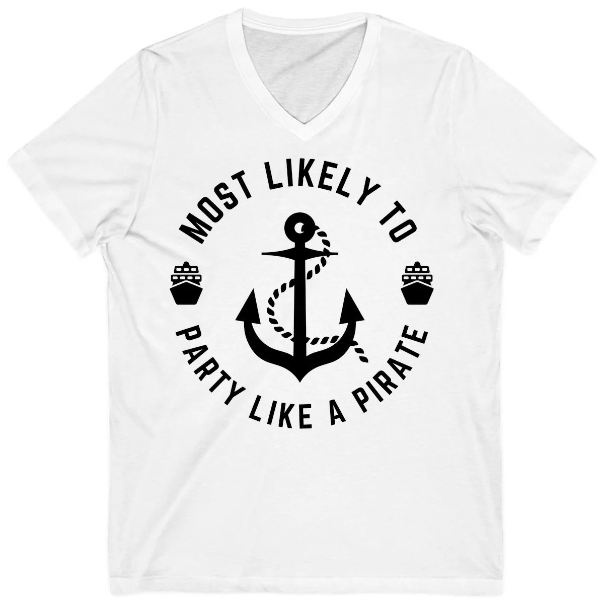 Most Likely To Party Like A Pirate V-Neck Tee in White