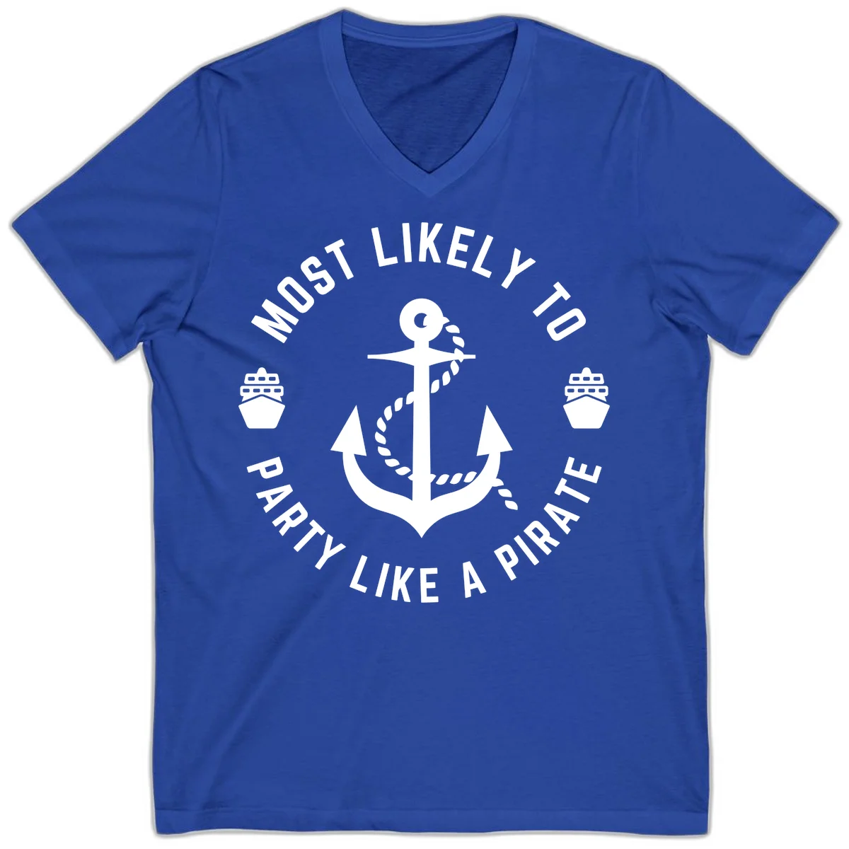 Most Likely To Party Like A Pirate V-Neck Tee in True Royal