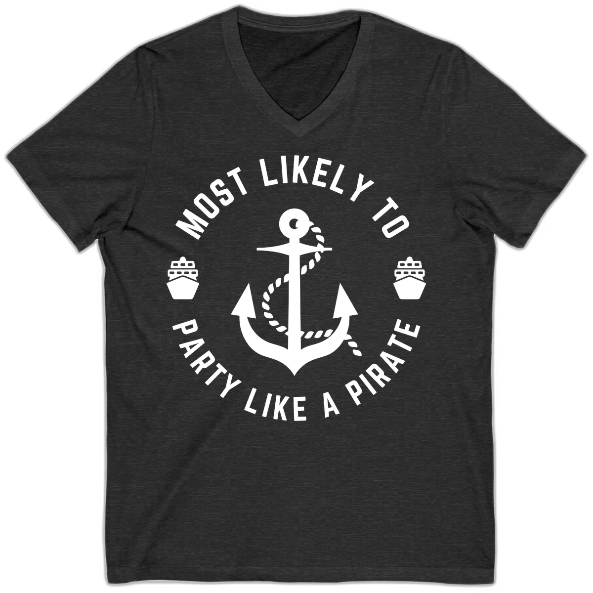 Most Likely To Party Like A Pirate V-Neck Tee in Dark Grey Heather