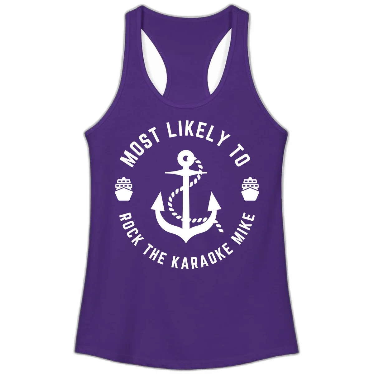 Most Likely To Rock The Karaoke Cruise Ladies Tank in Solid Purple Rush