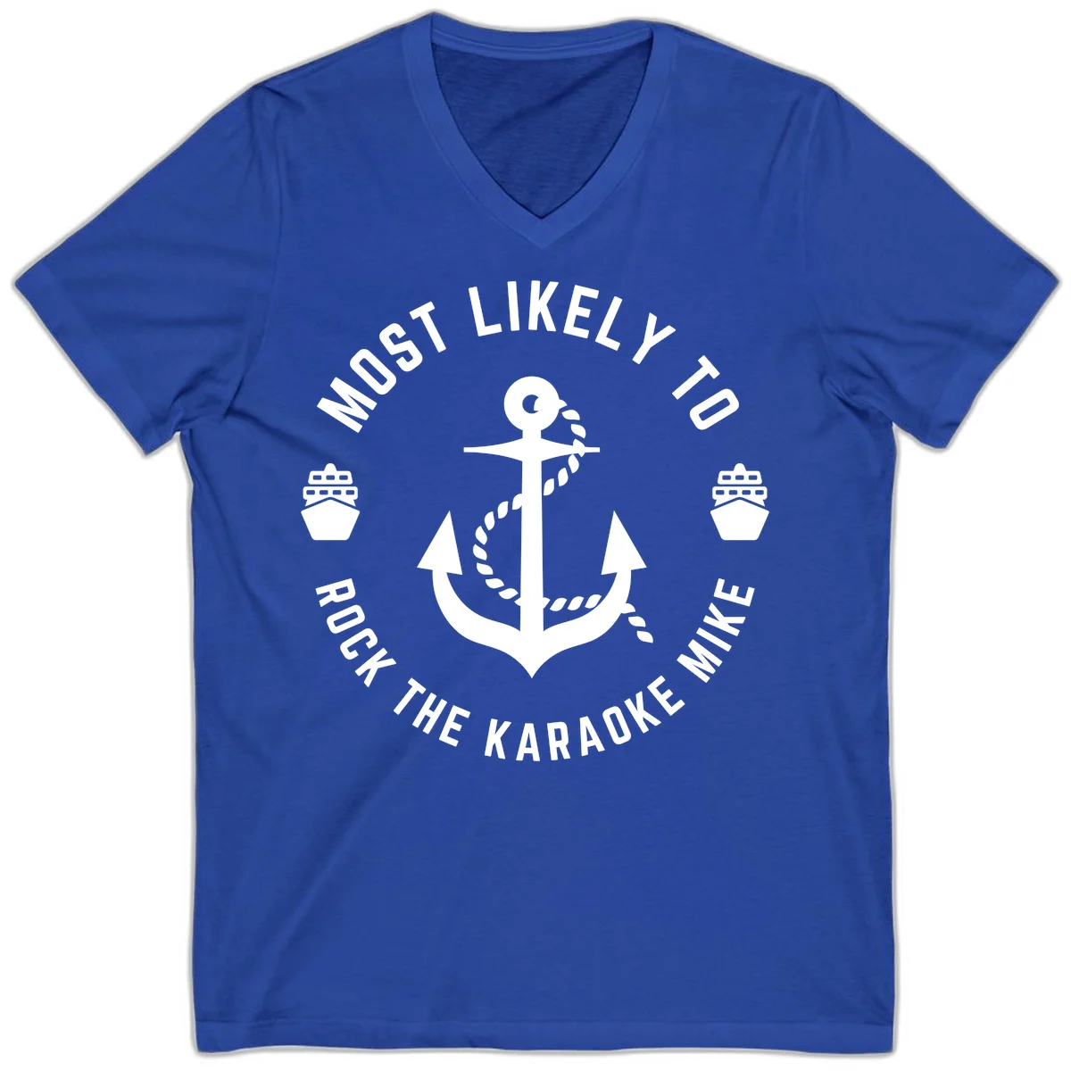 Most Likely To Rock The Karaoke Cruise V-Neck in True Royal