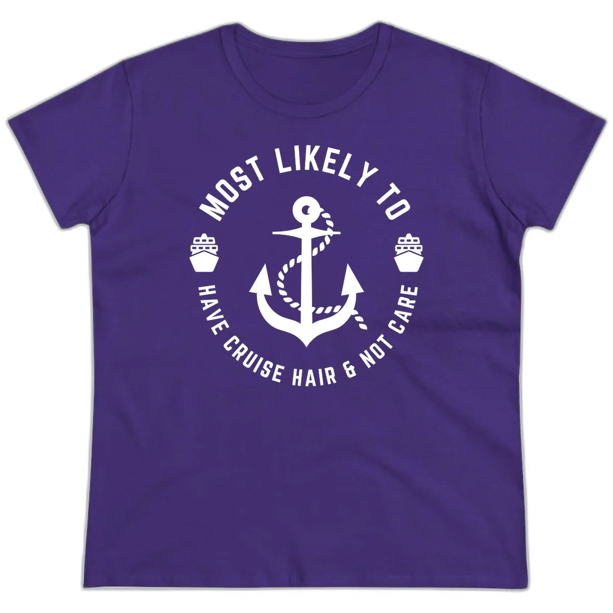 Most Likely To Have Cruise Hair & Not Care Ladies Tee in Purple