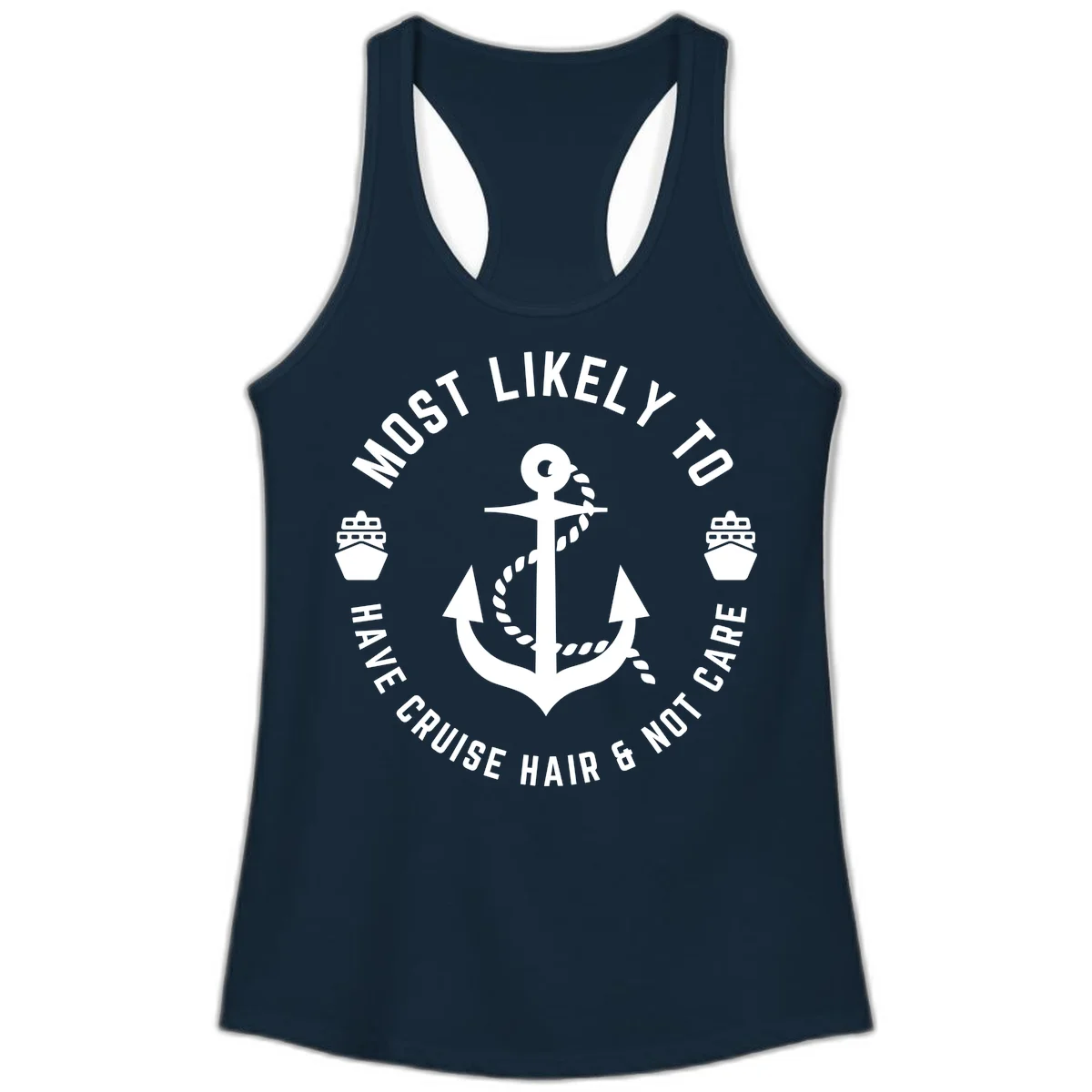 Most Likely To Have Cruise Hair & Not Care Ladies Tank in Solid Midnight Navy