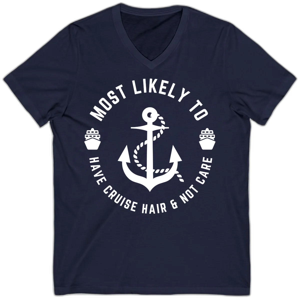 Most Likely To Have Cruise Hair & Not Care V-Neck in Navy