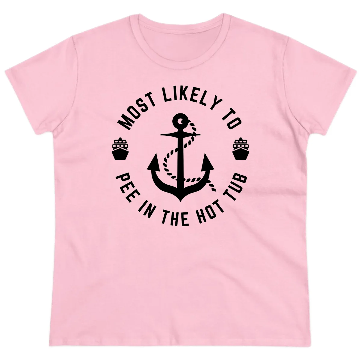 Most Likely To Pee In The Hot Tub Ladies Tee in Light Pink