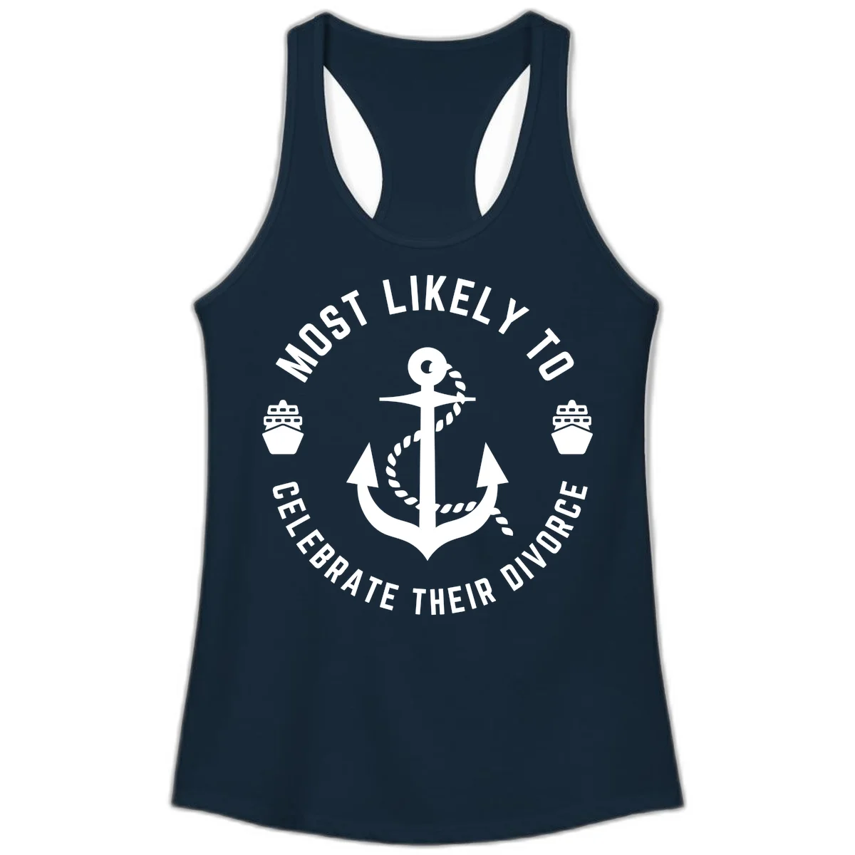 Most Likely To Celebrate Their Divorce Ladies Tank in Solid Midnight Navy