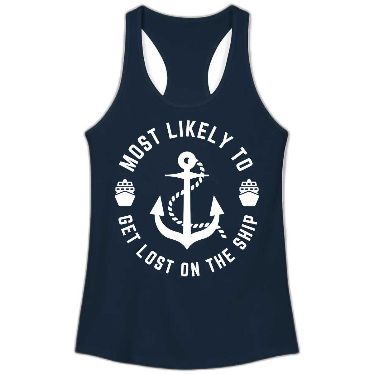 Most Likely To Get Lost On The Ship Ladies Tank in Solid Midnight Navy