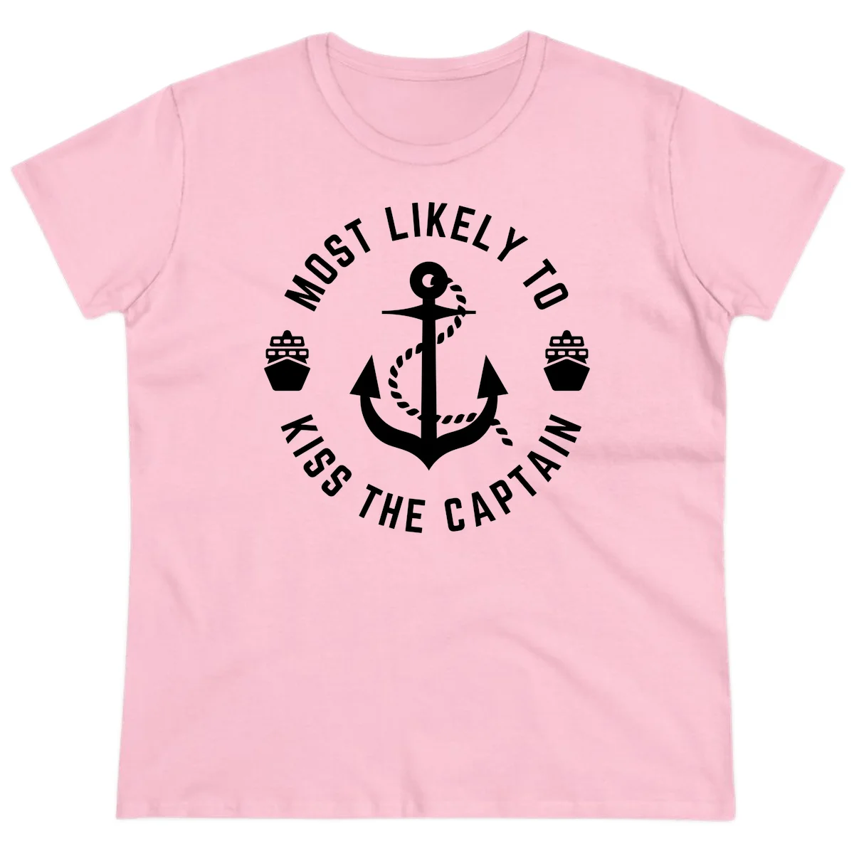 Most Likely To Kiss The Captain Ahoy Ladies Tee in Light Pink