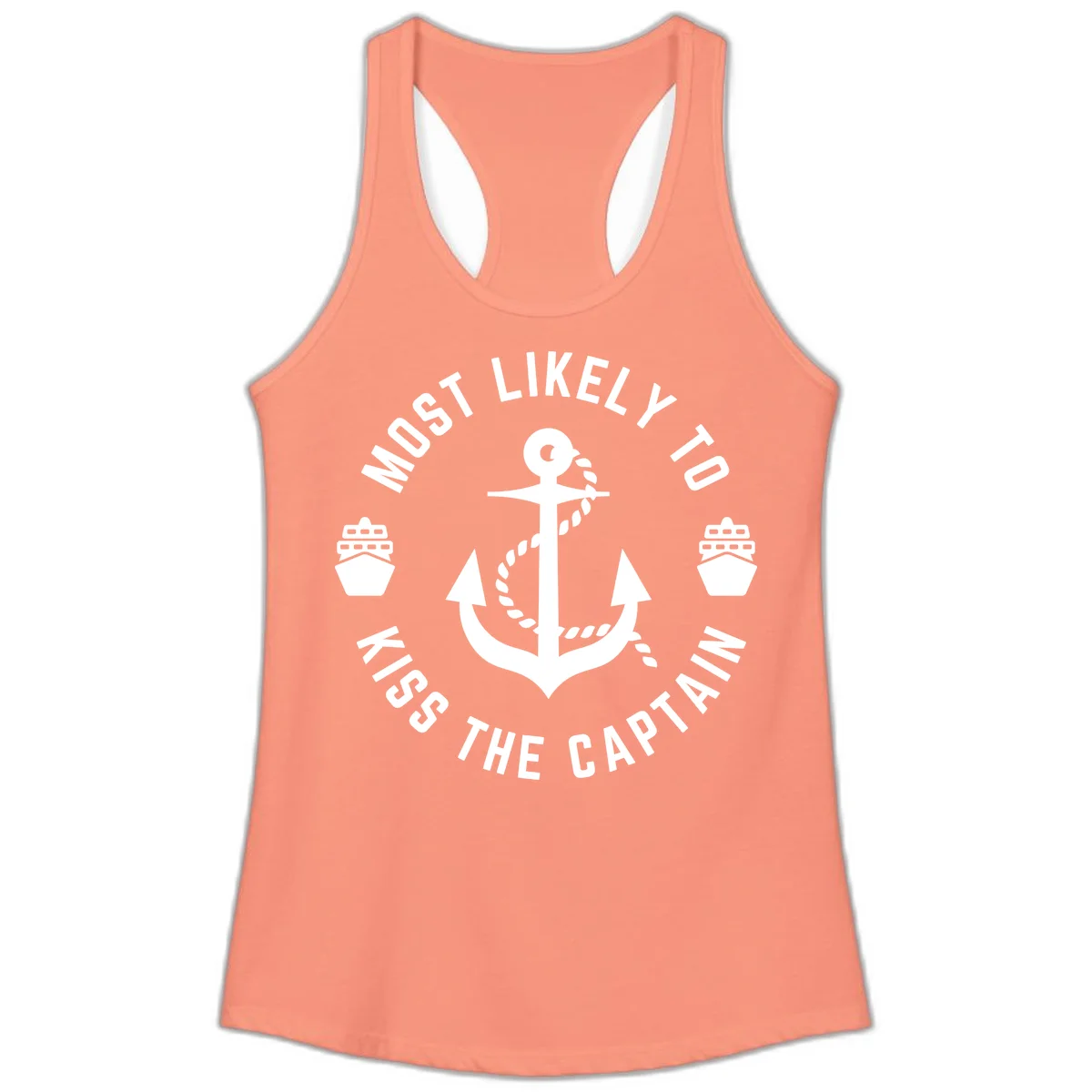 Most Likely To Kiss The Captain Ahoy Ladies Tank in Solid Light Orange