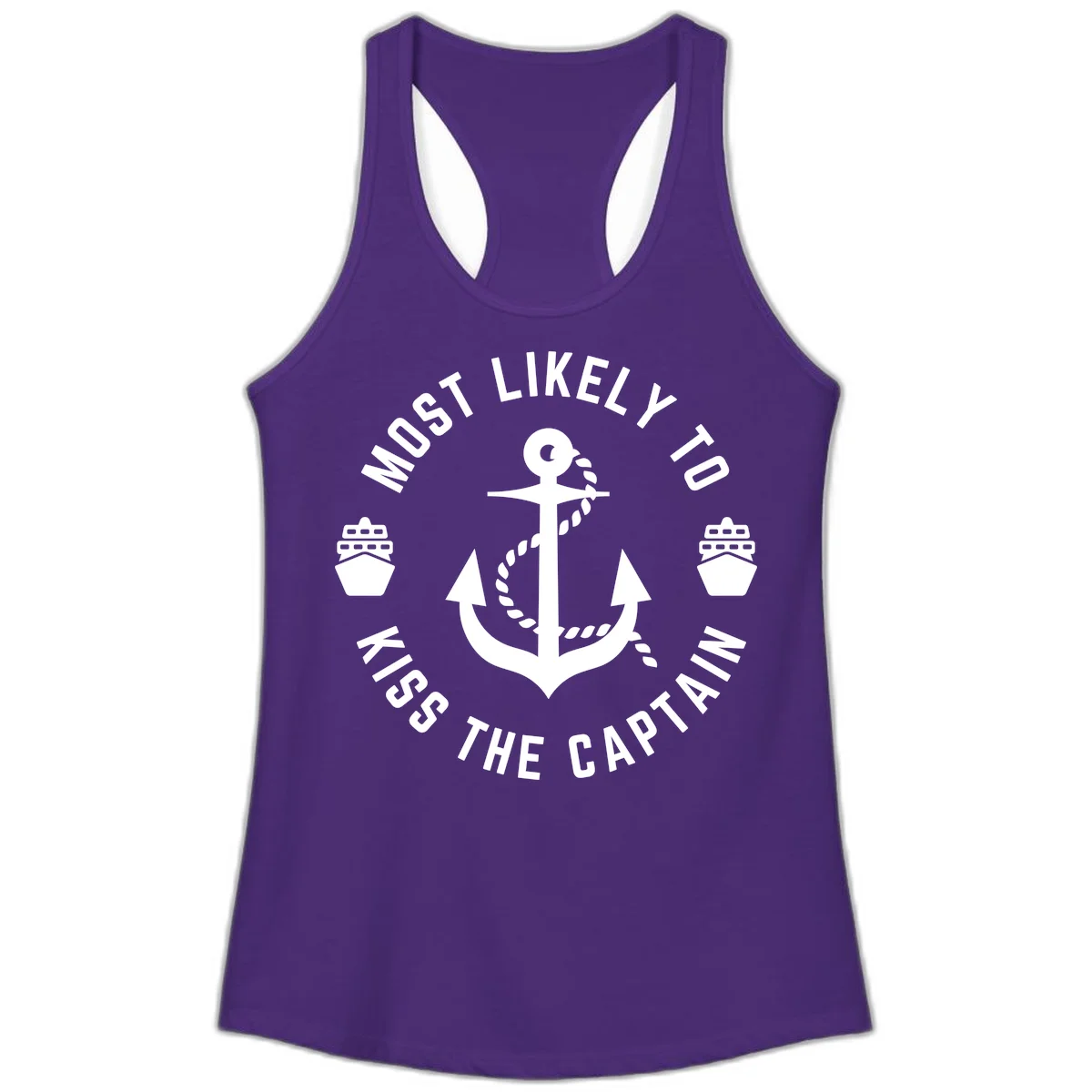 Most Likely To Kiss The Captain Ahoy Ladies Tank in Solid Purple Rush