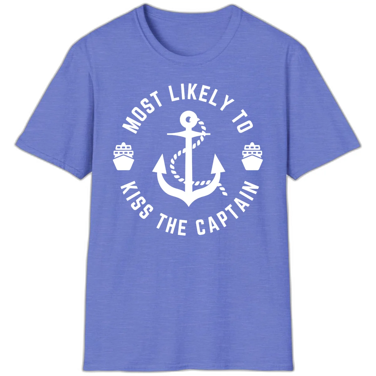 Most Likely To Kiss The Captain Ahoy T-Shirt in Heather Royal