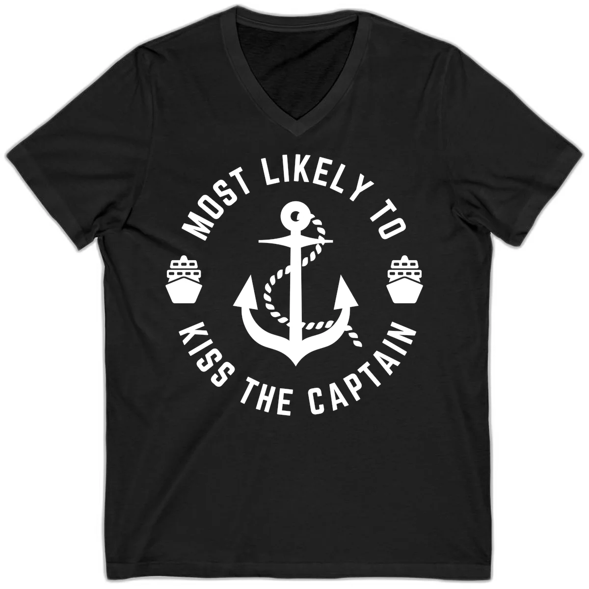 Most Likely To Kiss The Captain Ahoy V-Neck in Black