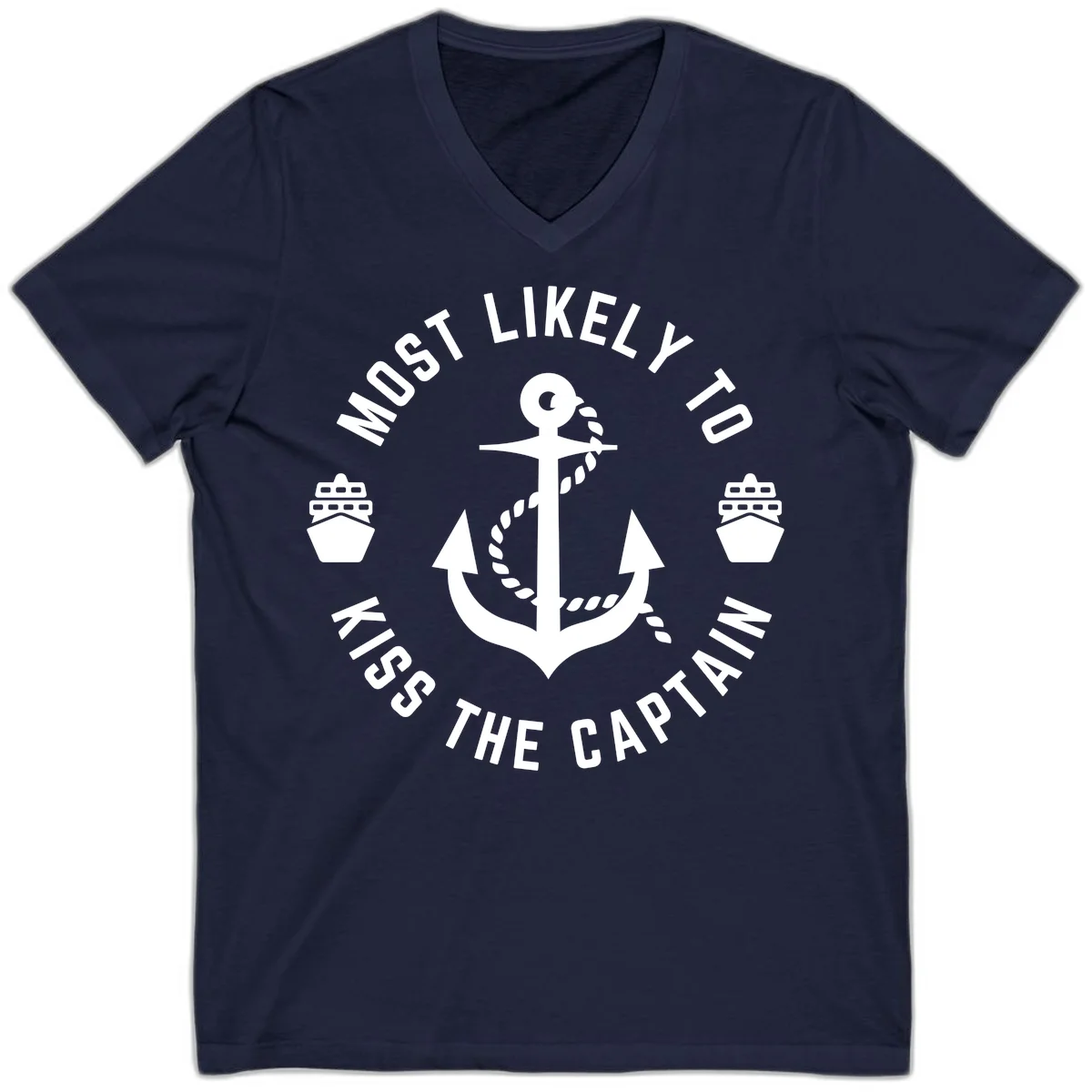 Most Likely To Kiss The Captain Ahoy V-Neck in Navy