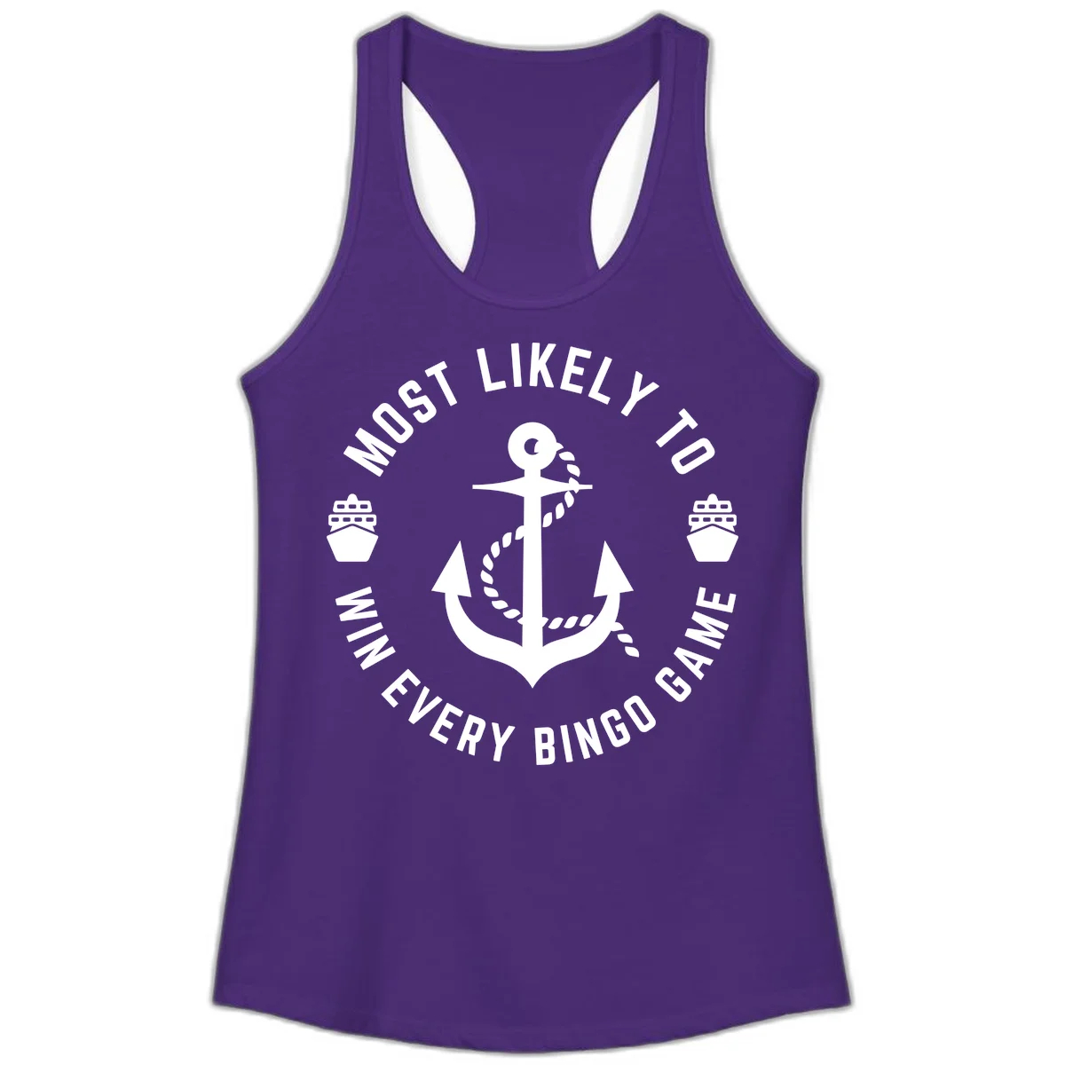 Most Likely To Win Every Bingo Game Ladies Tank in Solid Purple Rush